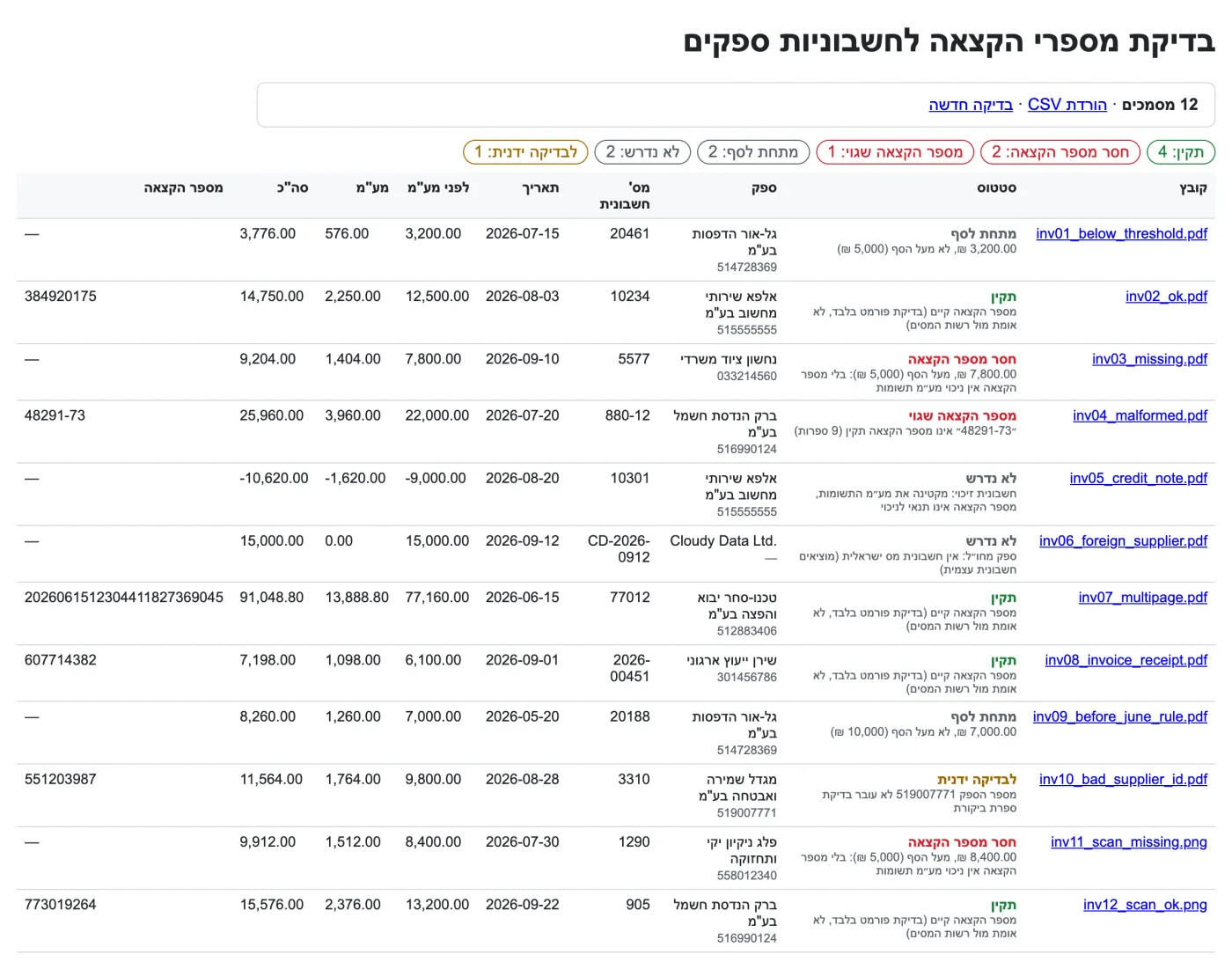 טבלת תוצאות: 12 חשבוניות לדוגמה, עם סטטוס לכל אחת: תקין, חסר מספר הקצאה, מספר הקצאה שגוי, מתחת לסף, לא נדרש ולבדיקה ידנית.